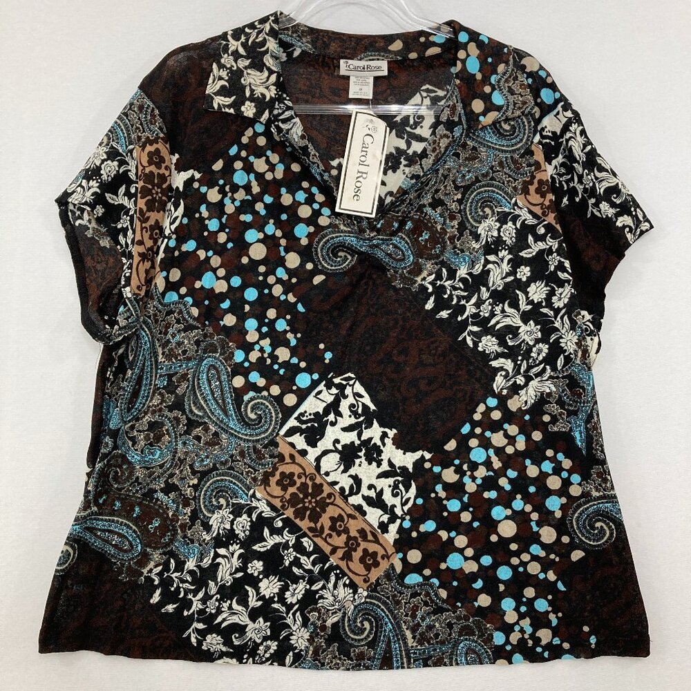 NWT Vintage Carol Rose size 3X Brown Blue Patchwork Boho Floral Stretch Knit Top